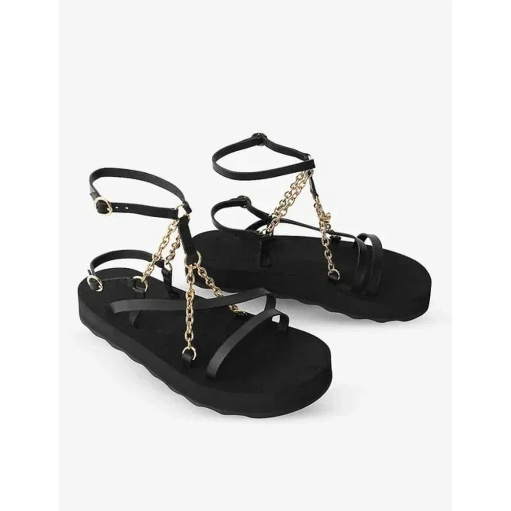 Maje Women's Frankie Chain And Charm Embellished Leather Sandals in Black SZ 9.5